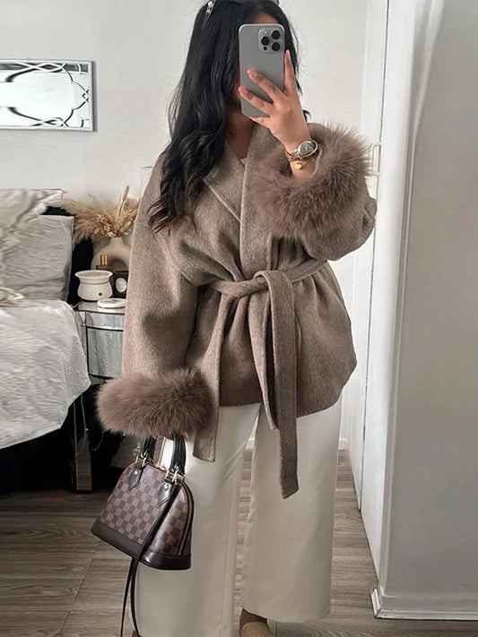 2025 Chic revers manteau en peluche avec ceinture femmes Vintage solide fausse fourrure manches Tweed ouvert manteaux femme automne décontracté rue vêtements d'extérieur