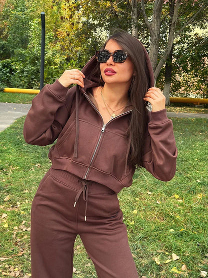 Women Tracksuits Winter Fleece Sweatsuit Brown Warm Crop Zipper Hoodies And Sweatpants Set For Women 2 Piece Velvet Pants Sets