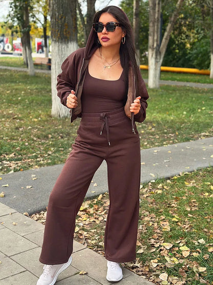 Women Tracksuits Winter Fleece Sweatsuit Brown Warm Crop Zipper Hoodies And Sweatpants Set For Women 2 Piece Velvet Pants Sets