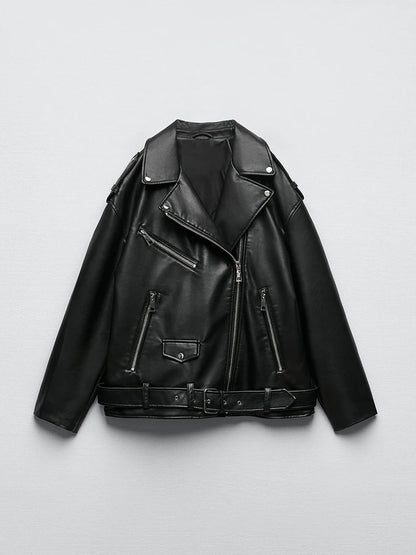 Ailegogo femmes ample moto motard noir Pu Faux cuir veste avec ceinture printemps automne femme manteau à glissière vêtements d'extérieur