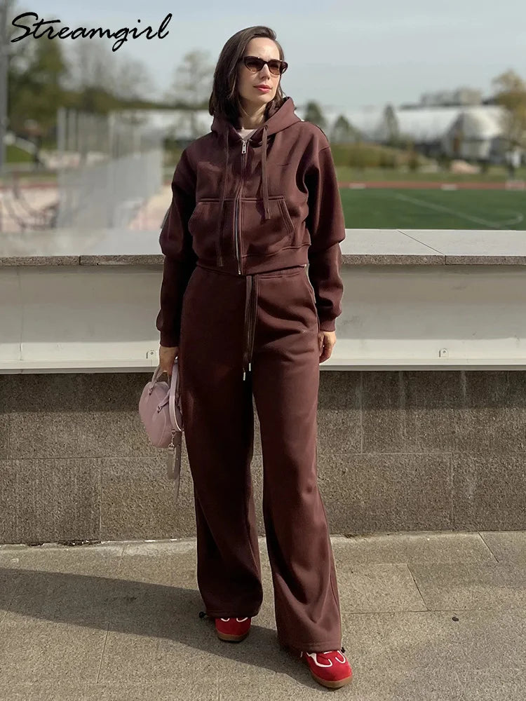Women Tracksuits Winter Fleece Sweatsuit Brown Warm Crop Zipper Hoodies And Sweatpants Set For Women 2 Piece Velvet Pants Sets