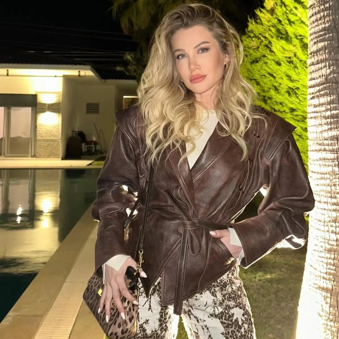 Suninheart automne et hiver vestes en simili cuir pour femmes 2025 épaule tombante veste surdimensionnée manteau ceinturé Corset veste