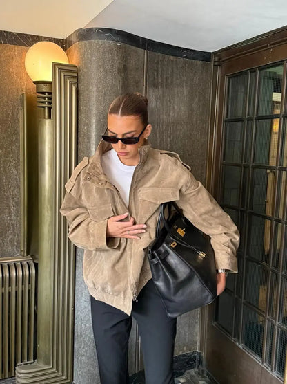 Winter Khaki Suede Leather Women's Jacket Fashion Stand Collar Zippers Pockets Women Coat 2025 Autumn New Female Vintage Outwear
