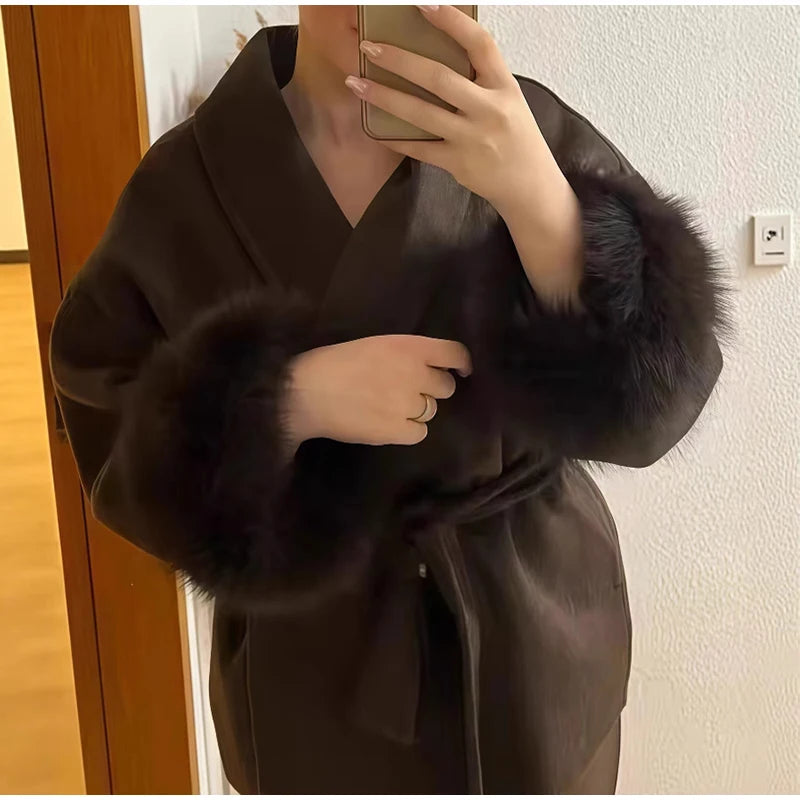 2025 Chic revers manteau en peluche avec ceinture femmes Vintage solide fausse fourrure manches Tweed ouvert manteaux femme automne décontracté rue vêtements d'extérieur