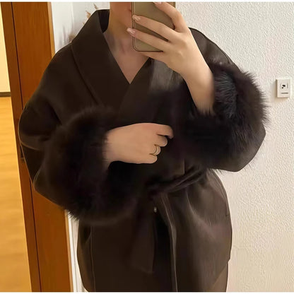 2025 Chic revers manteau en peluche avec ceinture femmes Vintage solide fausse fourrure manches Tweed ouvert manteaux femme automne décontracté rue vêtements d'extérieur