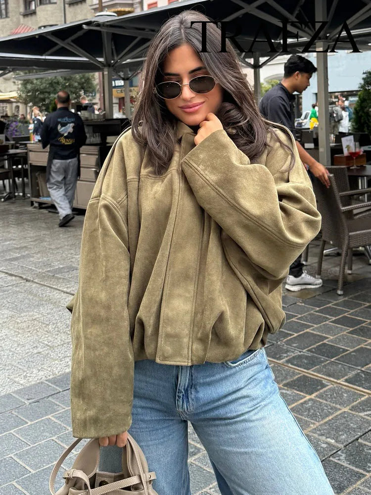 HH – veste Texture en daim pour femmes, manches longues, col rabattu, fermeture éclair élastique, bouton, solide, manteau tendance de printemps