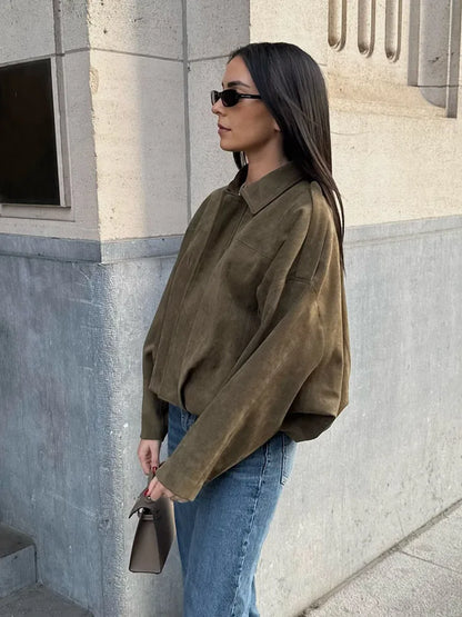 HH – veste Texture en daim pour femmes, manches longues, col rabattu, fermeture éclair élastique, bouton, solide, manteau tendance de printemps
