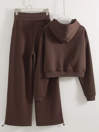 Women Tracksuits Winter Fleece Sweatsuit Brown Warm Crop Zipper Hoodies And Sweatpants Set For Women 2 Piece Velvet Pants Sets