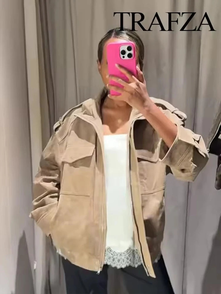 Women Suede Jacket 2025 New Spring Fashion Long Sleeve Zipper Loose Coat Chic Female High Street Outerwear ﻿