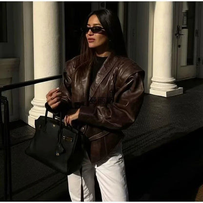 Suninheart automne et hiver vestes en simili cuir pour femmes 2025 épaule tombante veste surdimensionnée manteau ceinturé Corset veste