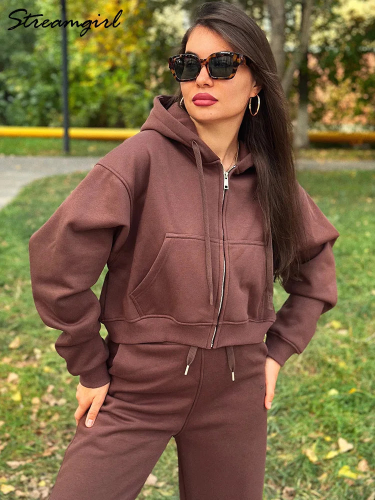 Women Tracksuits Winter Fleece Sweatsuit Brown Warm Crop Zipper Hoodies And Sweatpants Set For Women 2 Piece Velvet Pants Sets