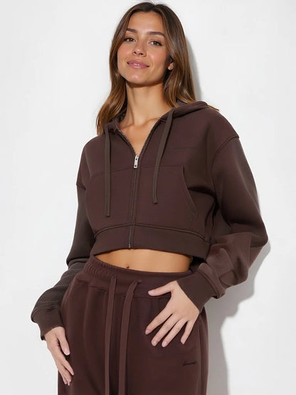 Women Tracksuits Winter Fleece Sweatsuit Brown Warm Crop Zipper Hoodies And Sweatpants Set For Women 2 Piece Velvet Pants Sets