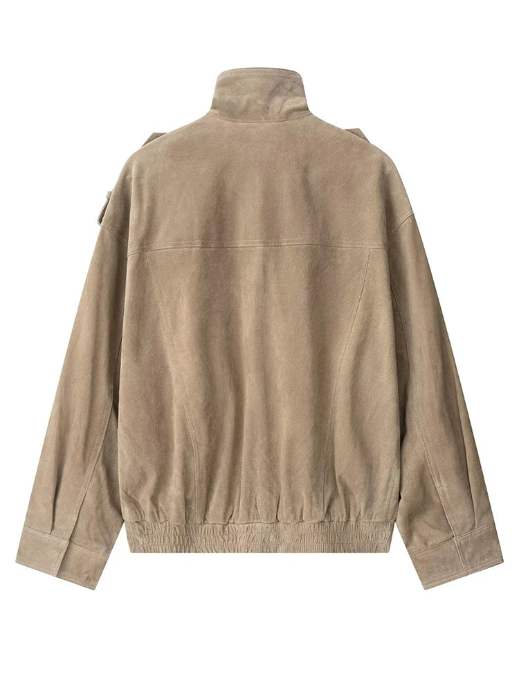 Women Suede Jacket 2025 New Spring Fashion Long Sleeve Zipper Loose Coat Chic Female High Street Outerwear ﻿
