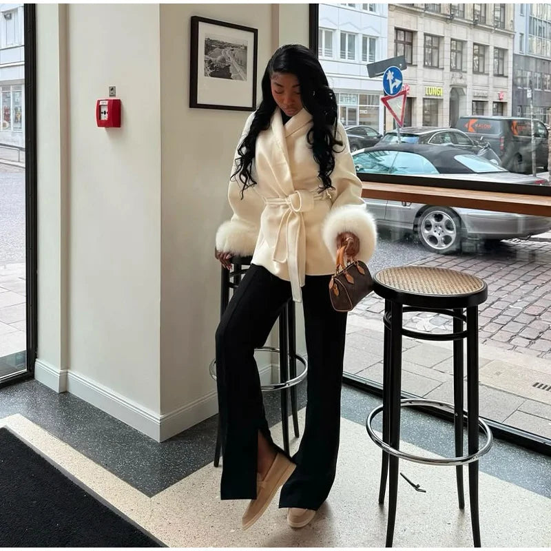 2025 Chic revers manteau en peluche avec ceinture femmes Vintage solide fausse fourrure manches Tweed ouvert manteaux femme automne décontracté rue vêtements d'extérieur