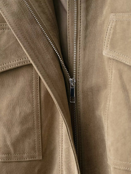 Winter Khaki Suede Leather Women's Jacket Fashion Stand Collar Zippers Pockets Women Coat 2025 Autumn New Female Vintage Outwear