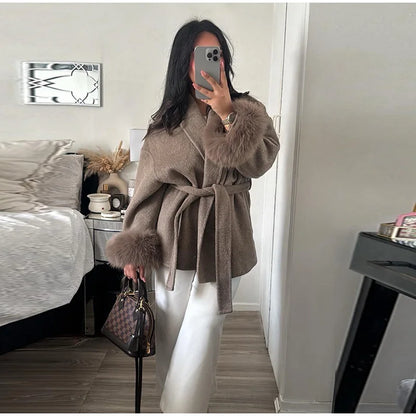 2025 Chic revers manteau en peluche avec ceinture femmes Vintage solide fausse fourrure manches Tweed ouvert manteaux femme automne décontracté rue vêtements d'extérieur