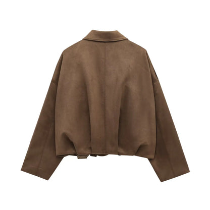 HH – veste Texture en daim pour femmes, manches longues, col rabattu, fermeture éclair élastique, bouton, solide, manteau tendance de printemps