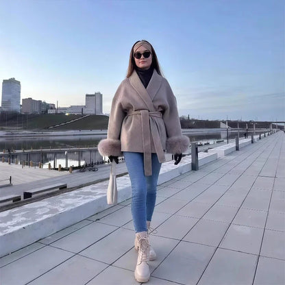 2025 Chic revers manteau en peluche avec ceinture femmes Vintage solide fausse fourrure manches Tweed ouvert manteaux femme automne décontracté rue vêtements d'extérieur