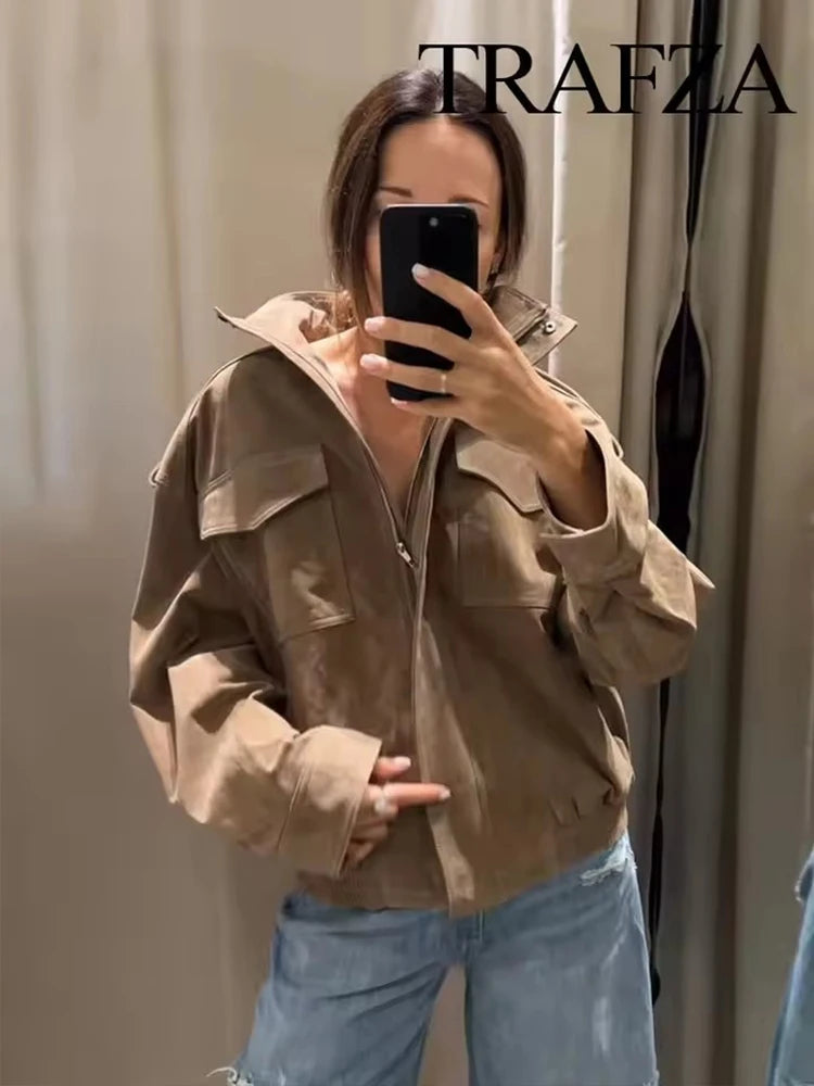 Women Suede Jacket 2025 New Spring Fashion Long Sleeve Zipper Loose Coat Chic Female High Street Outerwear ﻿