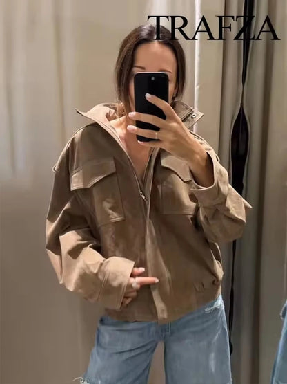 Women Suede Jacket 2025 New Spring Fashion Long Sleeve Zipper Loose Coat Chic Female High Street Outerwear ﻿
