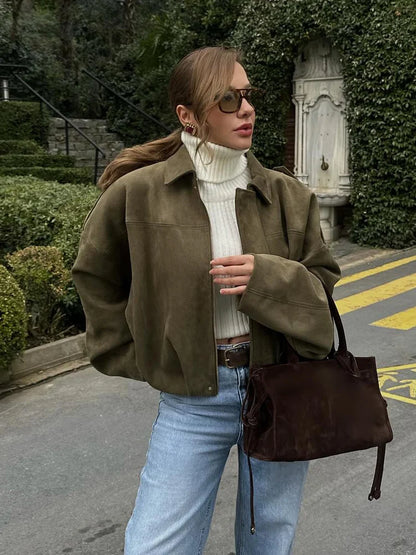 HH – veste Texture en daim pour femmes, manches longues, col rabattu, fermeture éclair élastique, bouton, solide, manteau tendance de printemps