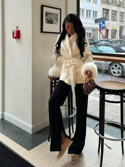 2025 Chic revers manteau en peluche avec ceinture femmes Vintage solide fausse fourrure manches Tweed ouvert manteaux femme automne décontracté rue vêtements d'extérieur