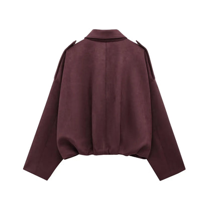 HH – veste Texture en daim pour femmes, manches longues, col rabattu, fermeture éclair élastique, bouton, solide, manteau tendance de printemps