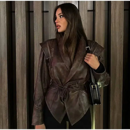Suninheart automne et hiver vestes en simili cuir pour femmes 2025 épaule tombante veste surdimensionnée manteau ceinturé Corset veste