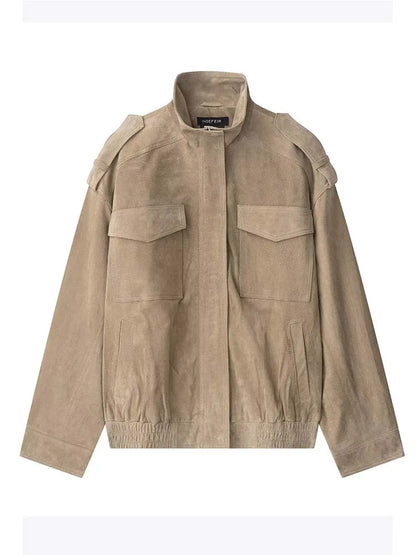 Women Suede Jacket 2025 New Spring Fashion Long Sleeve Zipper Loose Coat Chic Female High Street Outerwear ﻿