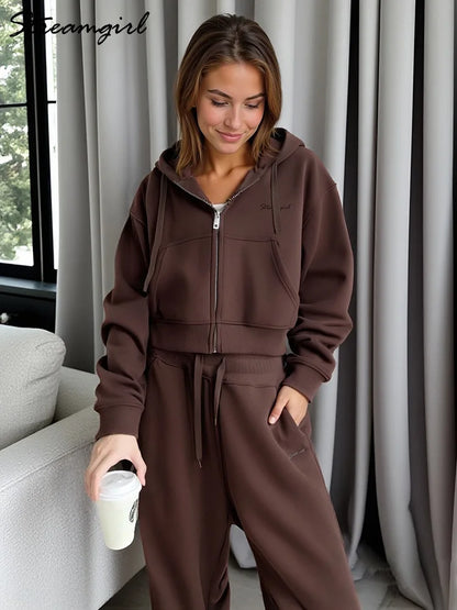 Women Tracksuits Winter Fleece Sweatsuit Brown Warm Crop Zipper Hoodies And Sweatpants Set For Women 2 Piece Velvet Pants Sets