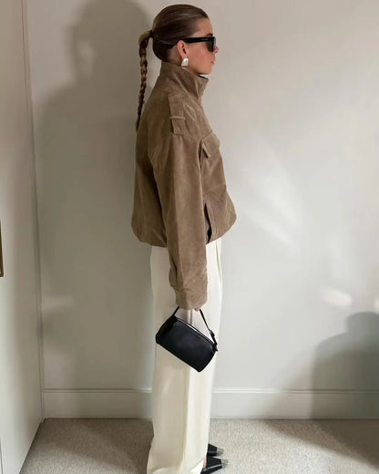 Winter Khaki Suede Leather Women's Jacket Fashion Stand Collar Zippers Pockets Women Coat 2025 Autumn New Female Vintage Outwear