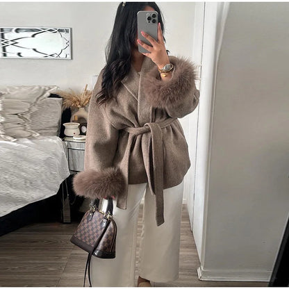 2025 Chic revers manteau en peluche avec ceinture femmes Vintage solide fausse fourrure manches Tweed ouvert manteaux femme automne décontracté rue vêtements d'extérieur