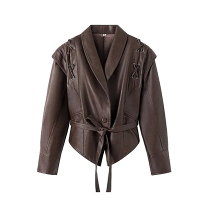 Suninheart automne et hiver vestes en simili cuir pour femmes 2025 épaule tombante veste surdimensionnée manteau ceinturé Corset veste
