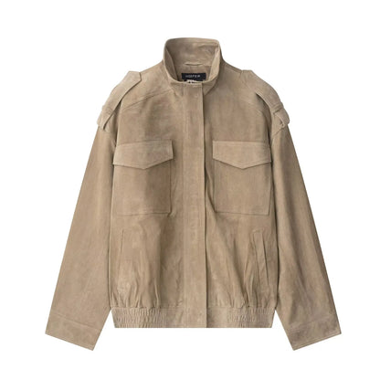 Women Suede Jacket 2025 New Spring Fashion Long Sleeve Zipper Loose Coat Chic Female High Street Outerwear ﻿