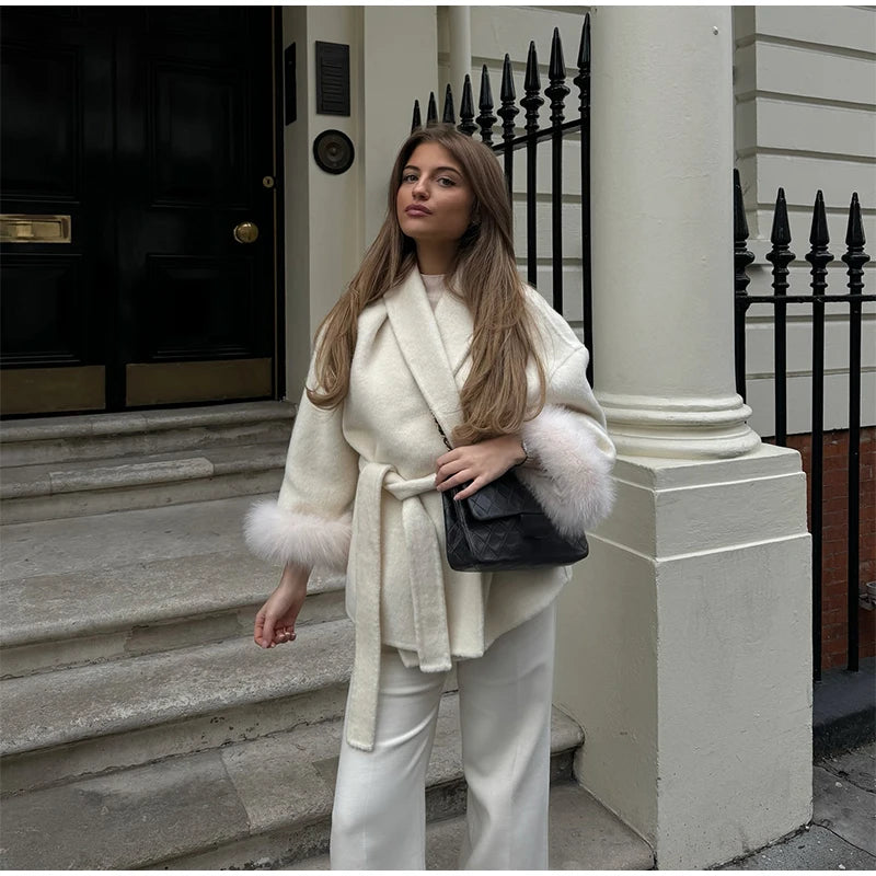 2025 Chic revers manteau en peluche avec ceinture femmes Vintage solide fausse fourrure manches Tweed ouvert manteaux femme automne décontracté rue vêtements d'extérieur