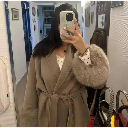 2025 Chic revers manteau en peluche avec ceinture femmes Vintage solide fausse fourrure manches Tweed ouvert manteaux femme automne décontracté rue vêtements d'extérieur
