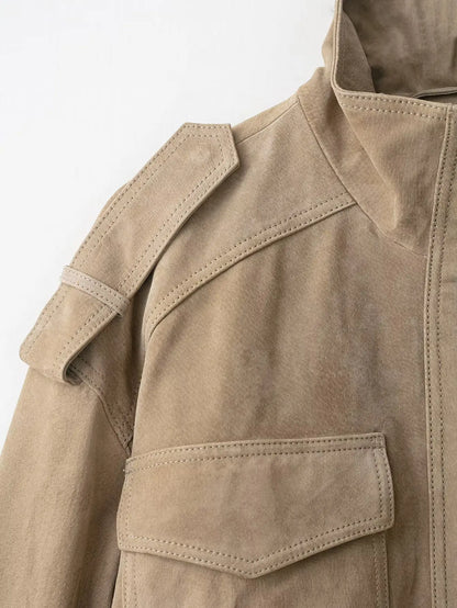 Winter Khaki Suede Leather Women's Jacket Fashion Stand Collar Zippers Pockets Women Coat 2025 Autumn New Female Vintage Outwear