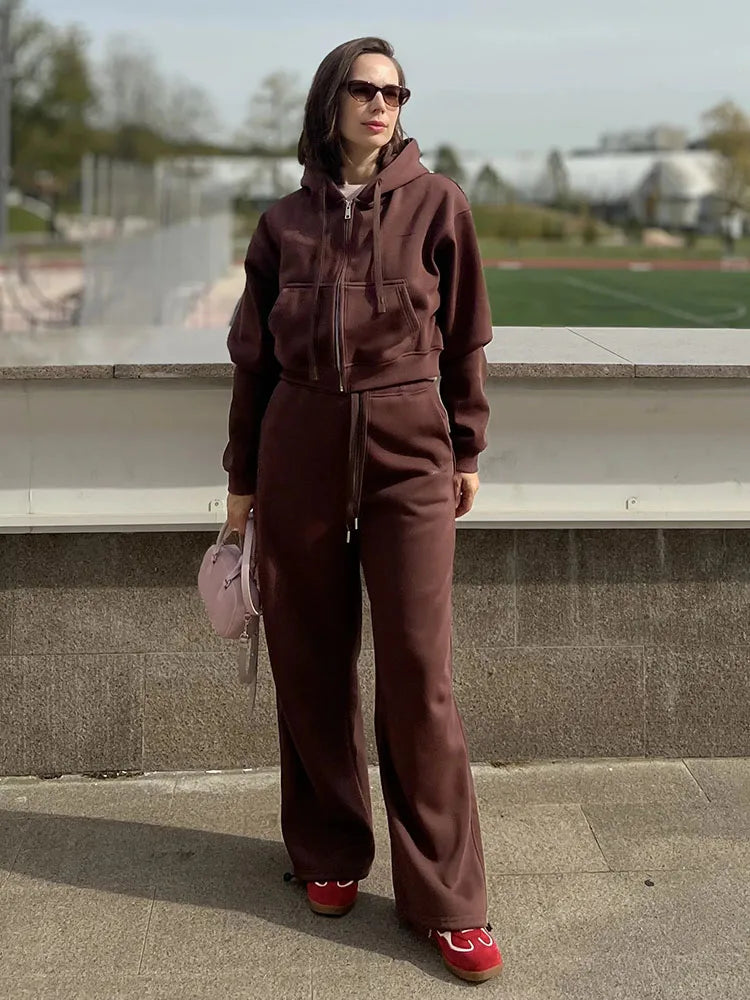 Women Tracksuits Winter Fleece Sweatsuit Brown Warm Crop Zipper Hoodies And Sweatpants Set For Women 2 Piece Velvet Pants Sets