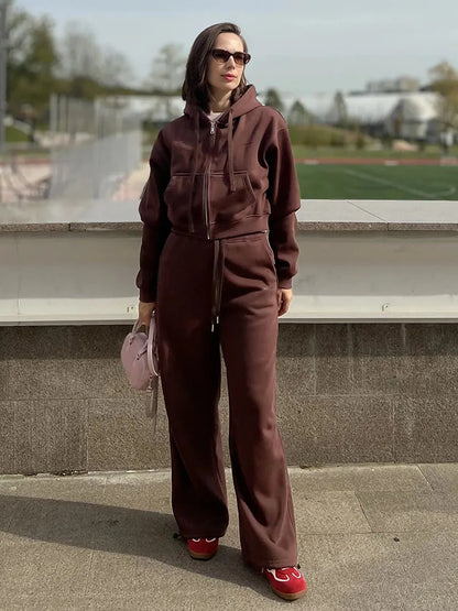 Women Tracksuits Winter Fleece Sweatsuit Brown Warm Crop Zipper Hoodies And Sweatpants Set For Women 2 Piece Velvet Pants Sets