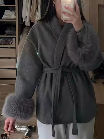 2025 Chic revers manteau en peluche avec ceinture femmes Vintage solide fausse fourrure manches Tweed ouvert manteaux femme automne décontracté rue vêtements d'extérieur