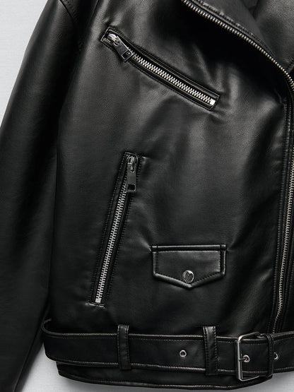 Ailegogo femmes ample moto motard noir Pu Faux cuir veste avec ceinture printemps automne femme manteau à glissière vêtements d'extérieur