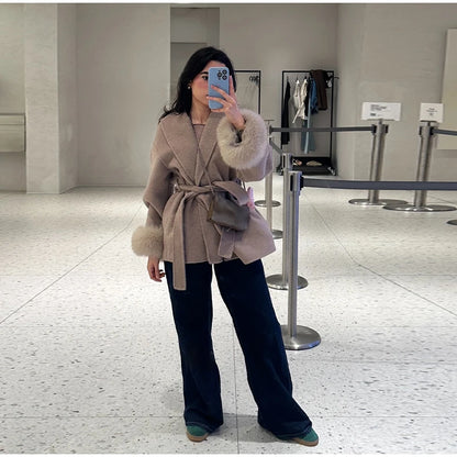 2025 Chic revers manteau en peluche avec ceinture femmes Vintage solide fausse fourrure manches Tweed ouvert manteaux femme automne décontracté rue vêtements d'extérieur