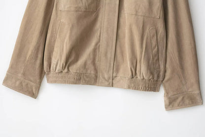 Winter Khaki Suede Leather Women's Jacket Fashion Stand Collar Zippers Pockets Women Coat 2025 Autumn New Female Vintage Outwear