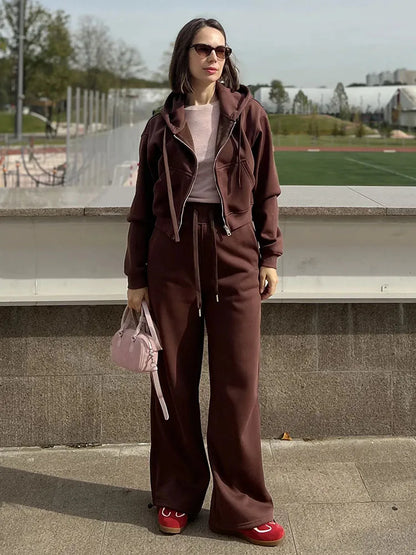 Women Tracksuits Winter Fleece Sweatsuit Brown Warm Crop Zipper Hoodies And Sweatpants Set For Women 2 Piece Velvet Pants Sets
