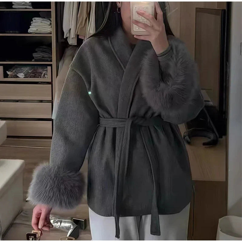2025 Chic revers manteau en peluche avec ceinture femmes Vintage solide fausse fourrure manches Tweed ouvert manteaux femme automne décontracté rue vêtements d'extérieur
