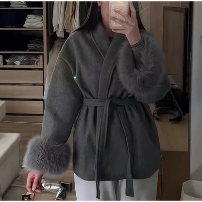 2025 Chic revers manteau en peluche avec ceinture femmes Vintage solide fausse fourrure manches Tweed ouvert manteaux femme automne décontracté rue vêtements d'extérieur