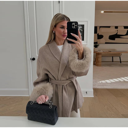 2025 Chic revers manteau en peluche avec ceinture femmes Vintage solide fausse fourrure manches Tweed ouvert manteaux femme automne décontracté rue vêtements d'extérieur
