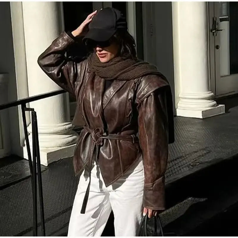Suninheart automne et hiver vestes en simili cuir pour femmes 2025 épaule tombante veste surdimensionnée manteau ceinturé Corset veste