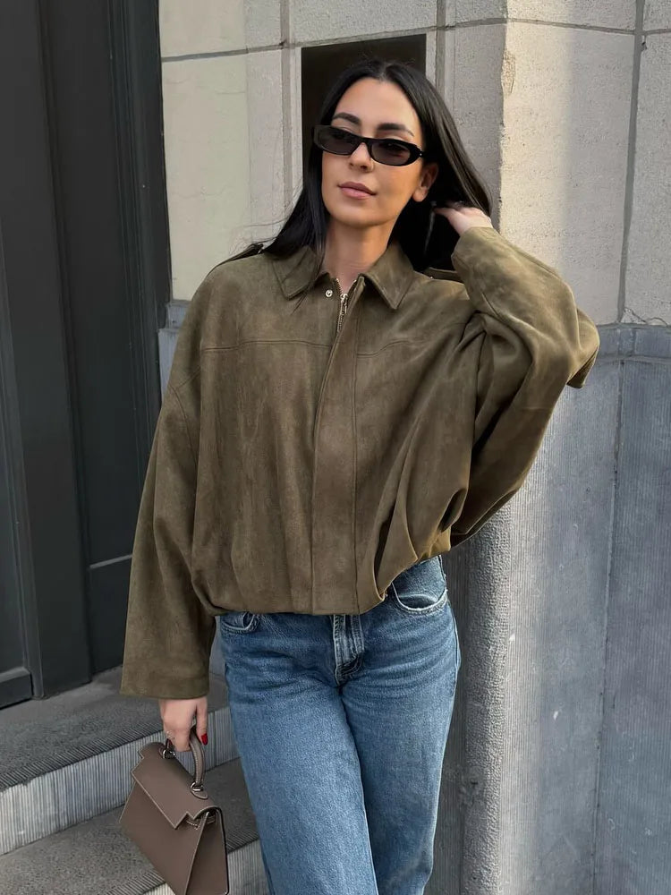 HH – veste Texture en daim pour femmes, manches longues, col rabattu, fermeture éclair élastique, bouton, solide, manteau tendance de printemps