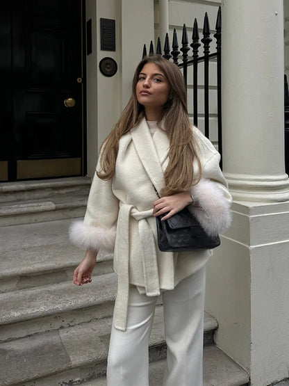2025 Chic revers manteau en peluche avec ceinture femmes Vintage solide fausse fourrure manches Tweed ouvert manteaux femme automne décontracté rue vêtements d'extérieur